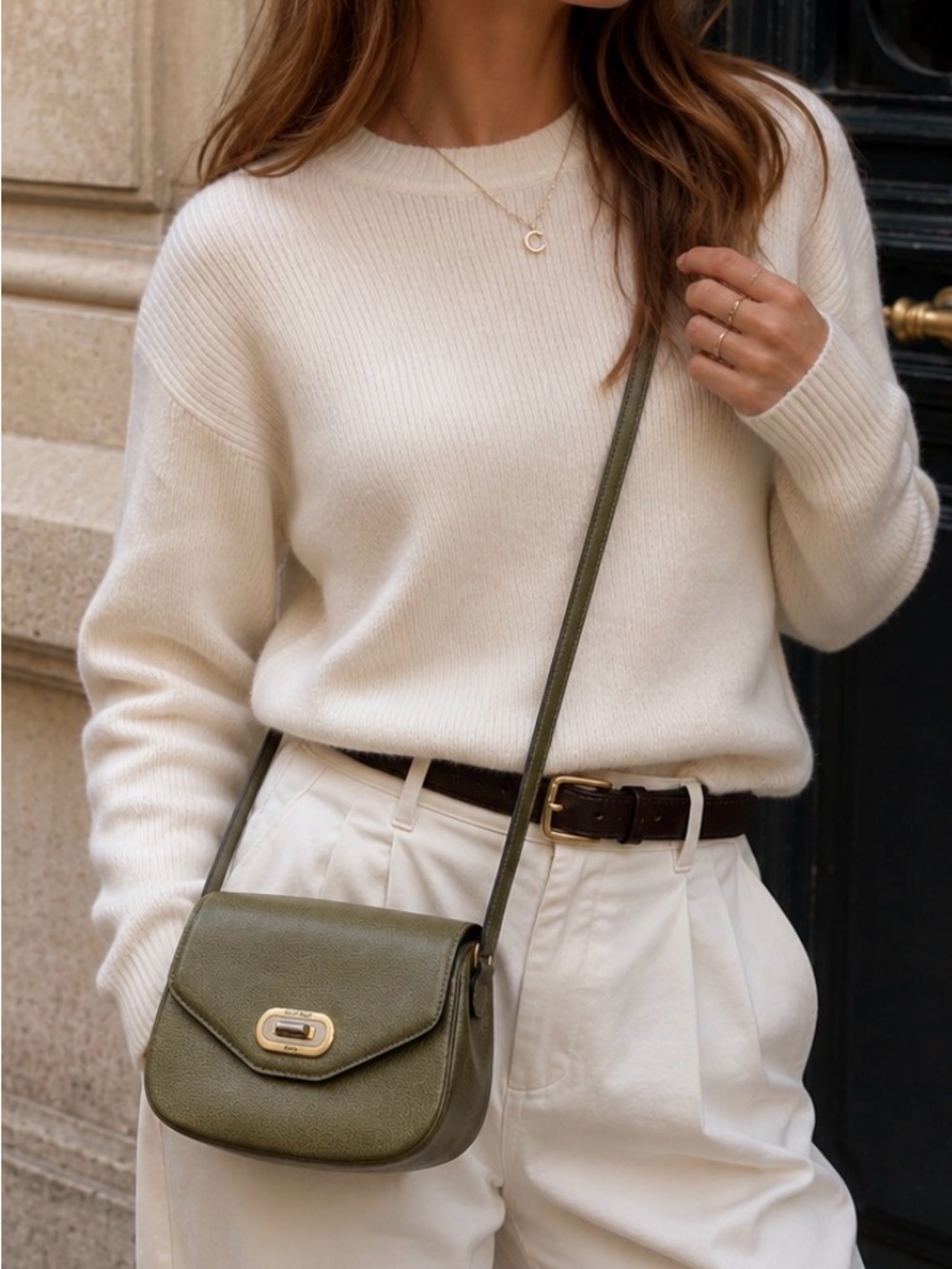 Rare Vintage Courreges Paris Olive Green Crossbody Bag with Gold Hardware